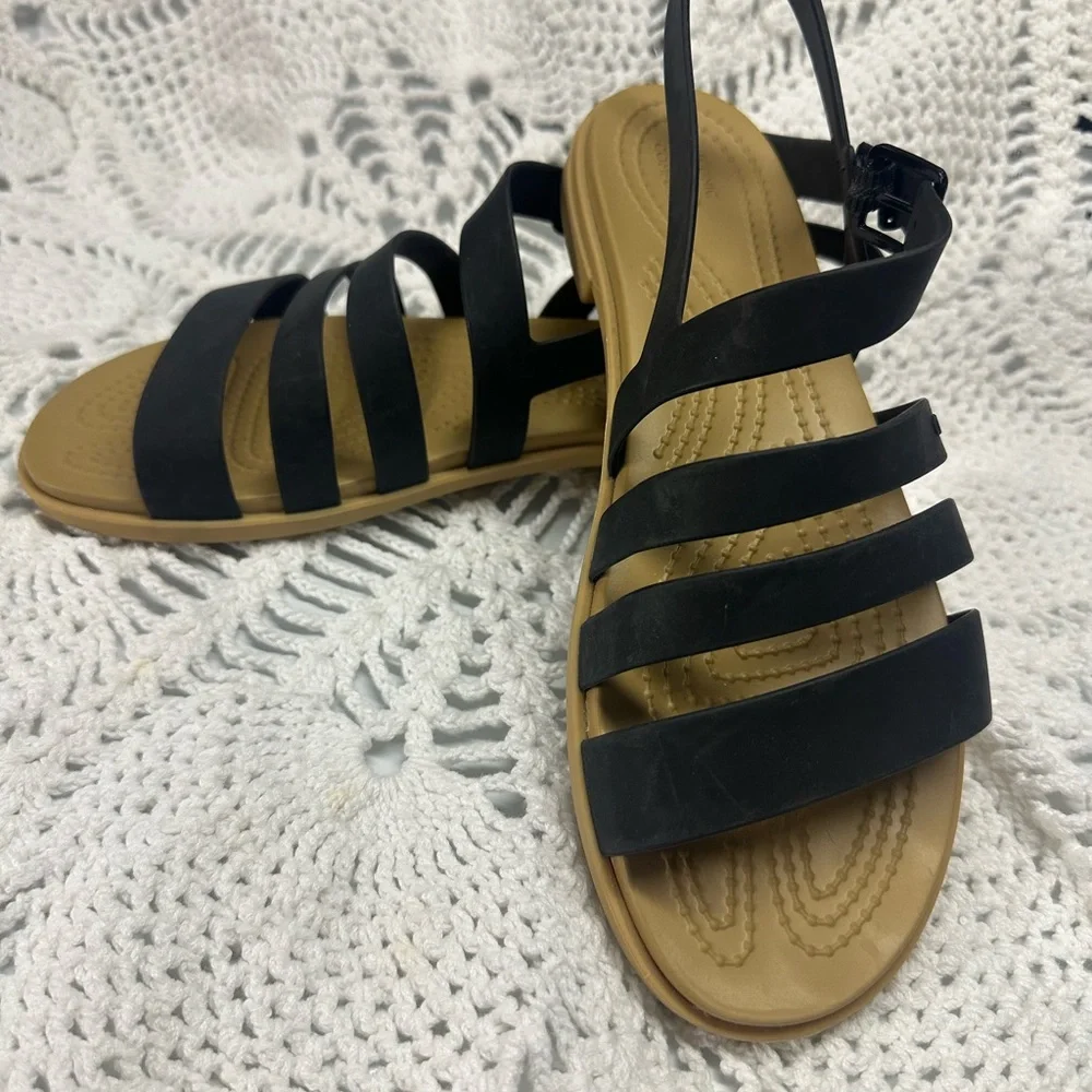 CROCS Black and Tan Strappy Sandals - Picture 4 of 5